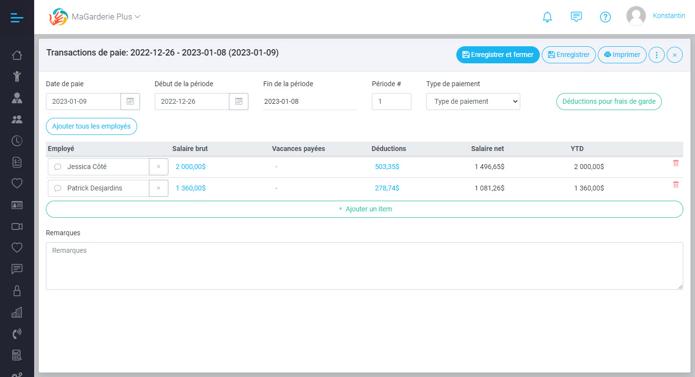 Employee payroll calculation module has been added to the MaGarderie Plus application.
